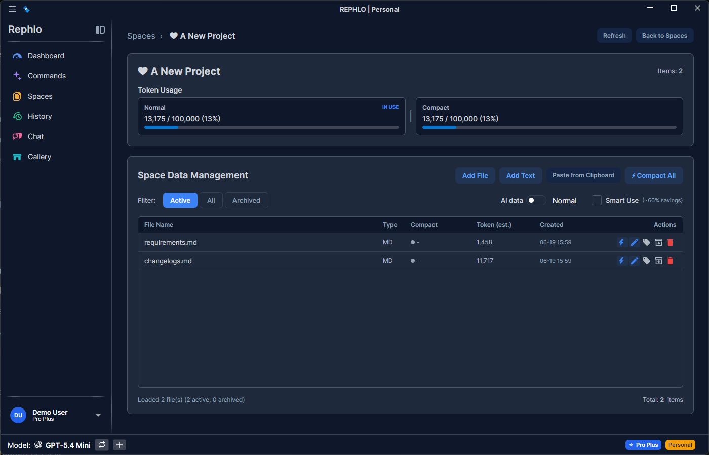 The Space file browser — add files/text, the file list with token counts and actions, and the Smart Search / Compact controls