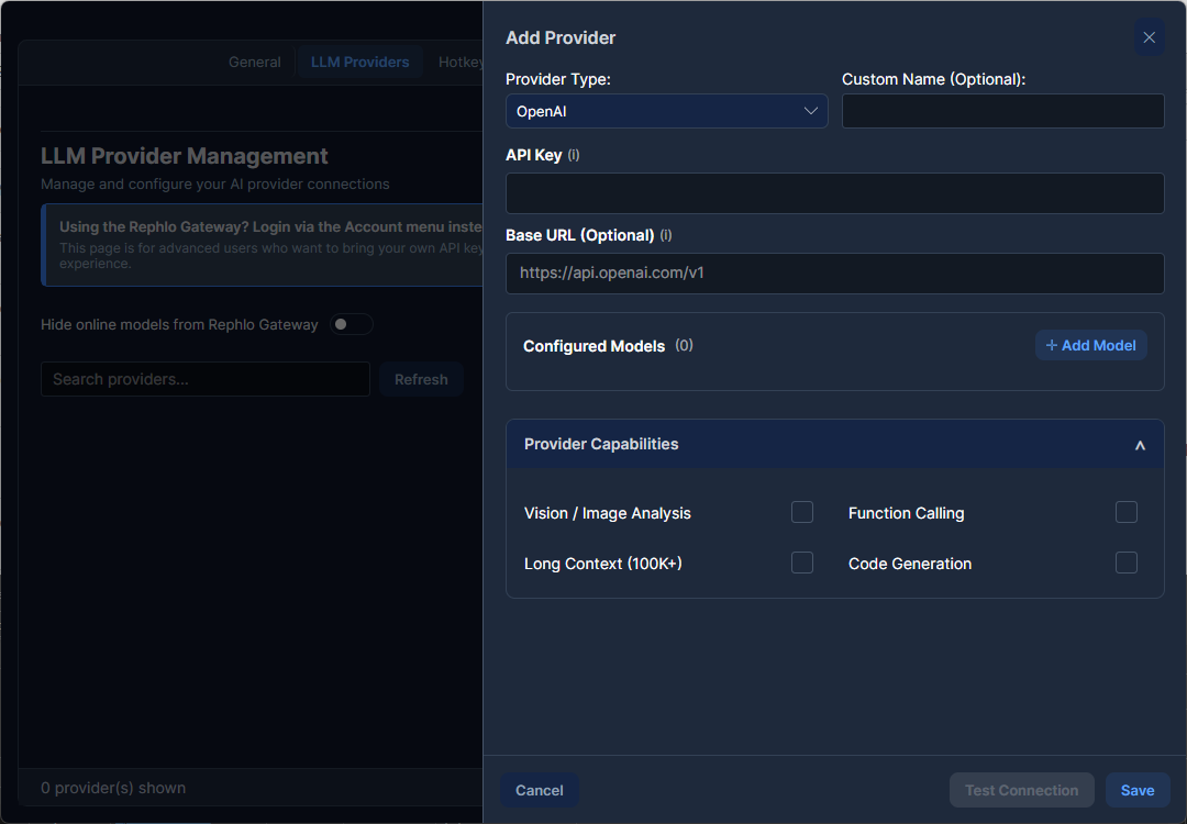 Das Seitenpanel „Add Provider“ — Provider Type, Custom Name, API Key, Base URL, Configured Models mit Add Model, und Provider Capabilities