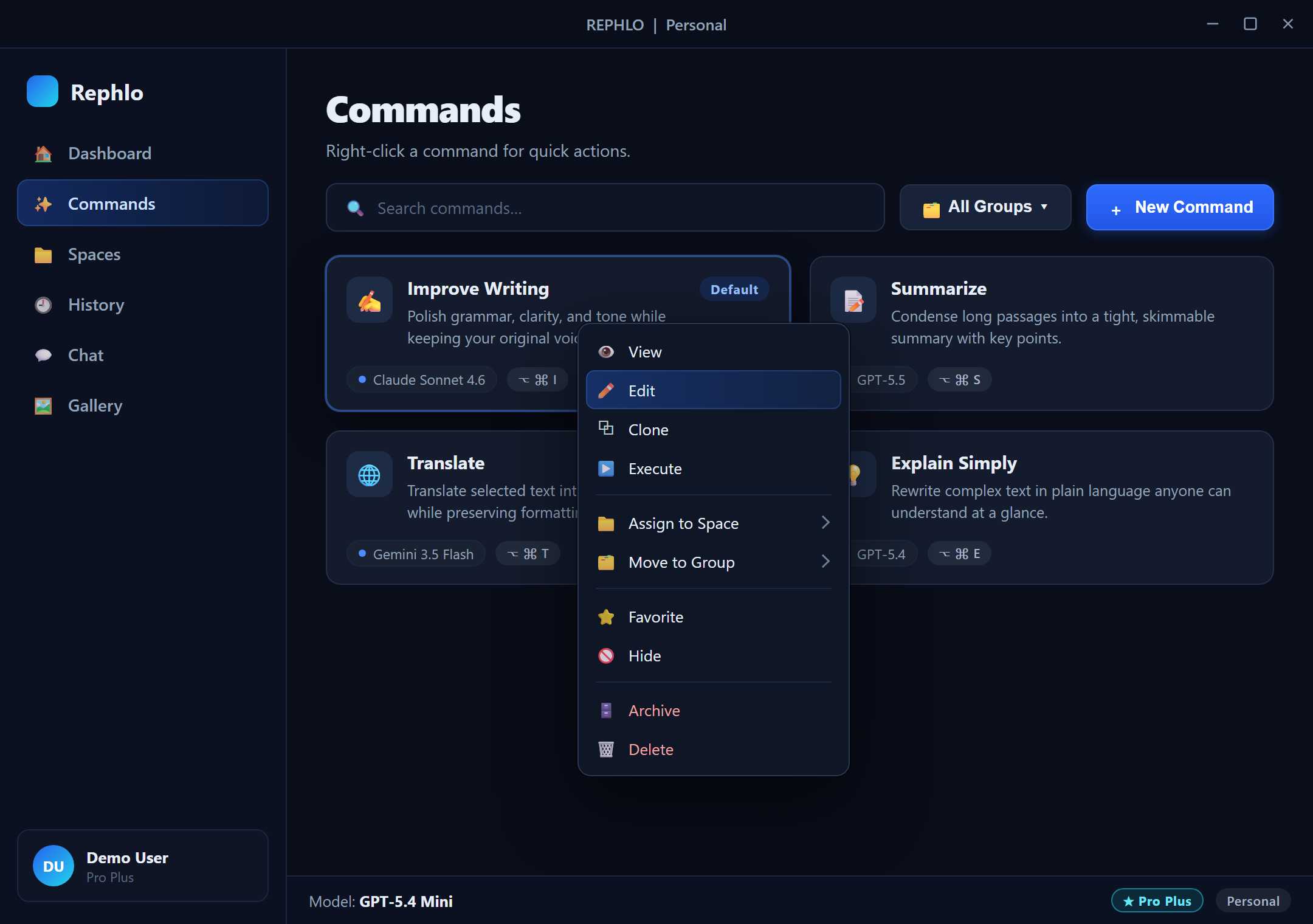 Das Rechtsklick-Kontextmenü über einer Command-Karte – view/edit/clone/execute, assign-to-Space und move-to-group, favorite/hide sowie archive/delete