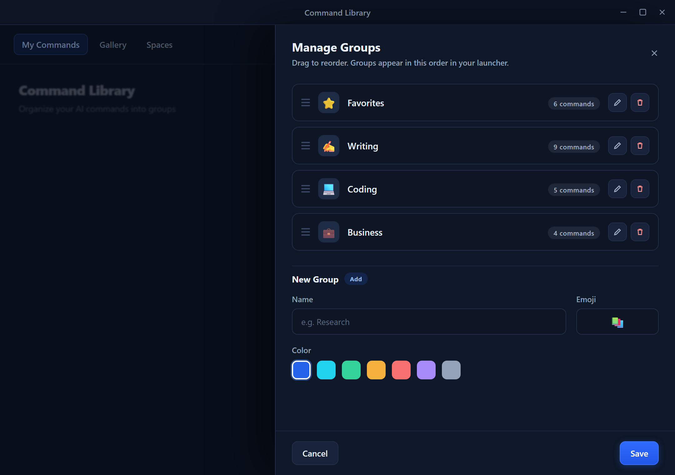 Das Manage-Groups-Panel — eine neu anordenbare Liste von Groups mit Emoji, Command-Anzahl und Bearbeiten/Löschen, sowie ein New-Group-Formular