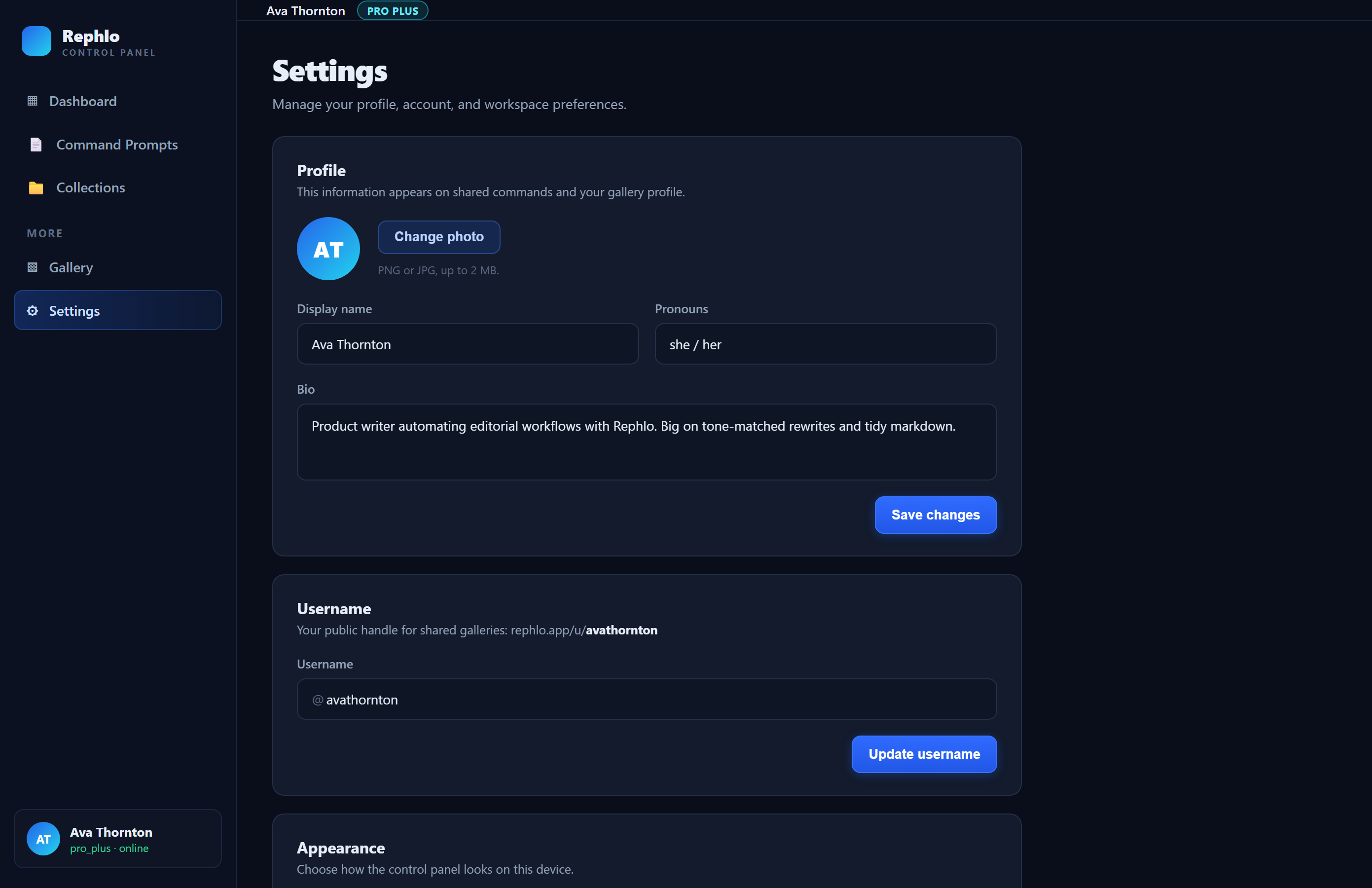Die Account Settings im Web — eine Spalte aus Karten (Profile, Username, Appearance, Notifications, Account, Workspaces) und eine Danger Zone