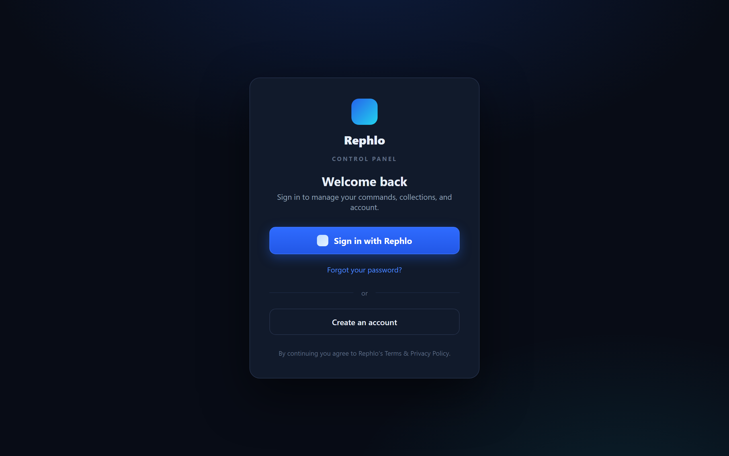 Die Web-Anmeldekarte — Sign in with Rephlo, ein Link zum Zurücksetzen des Passworts und eine Option zum Erstellen eines Kontos