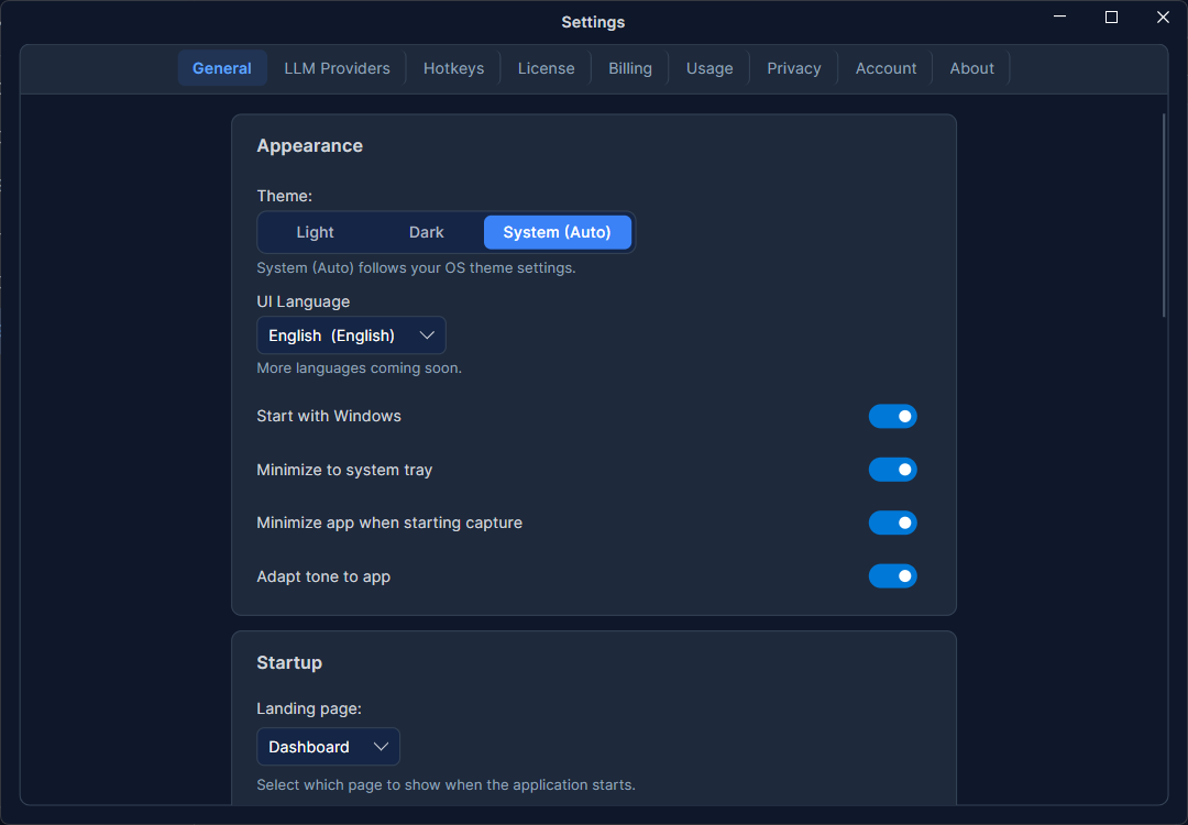 Das Settings-Fenster — Tabs oben (General, LLM Providers, Hotkeys, License, …) mit ausgewähltem General-Tab