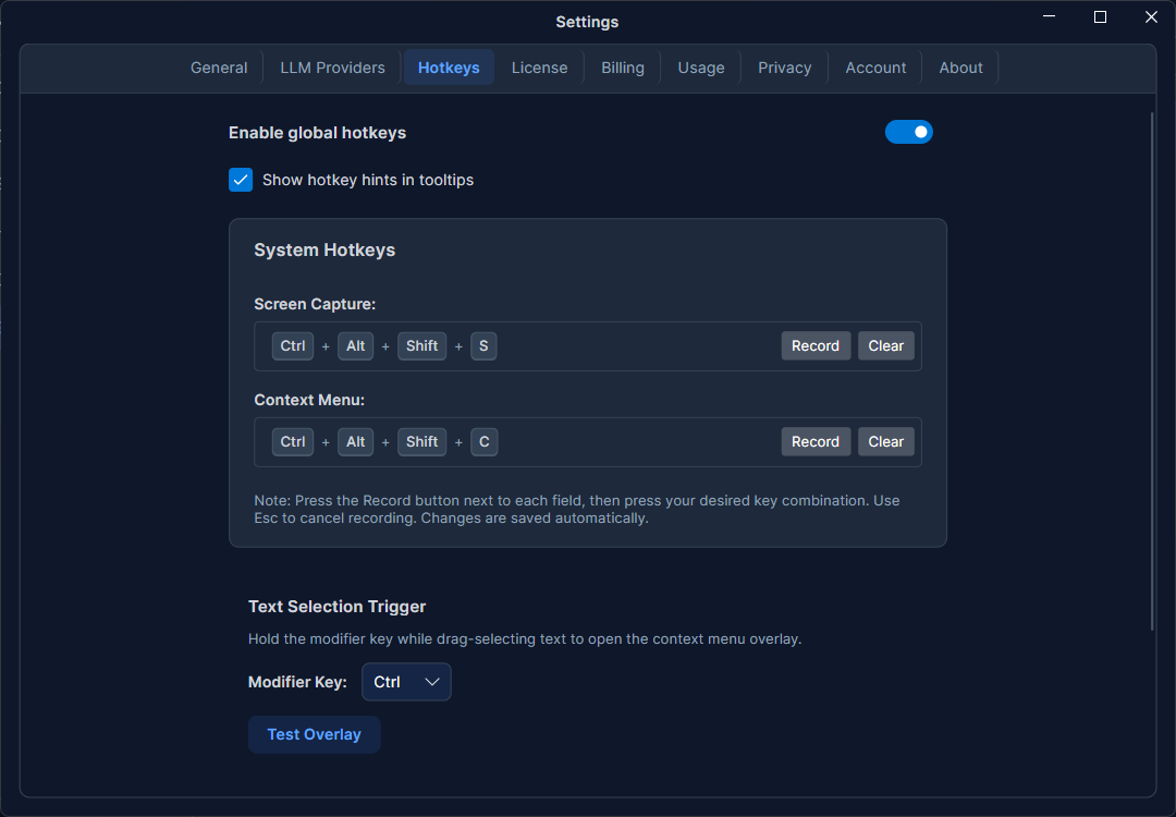 Der Hotkeys-Tab — Context-Menu- und Screenshot-Hotkeys mit Change-Schaltflächen, Schaltern, der Trigger-Auswahl und Test Overlay