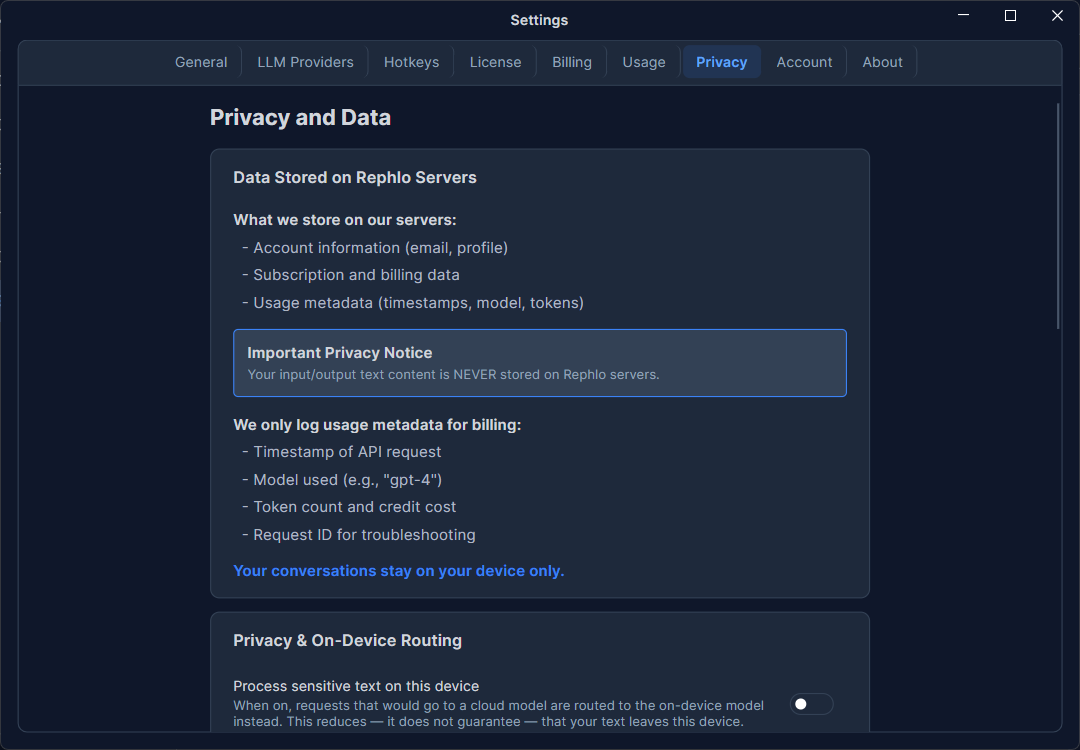 Der Privacy-Tab — Aufbewahrung des Verlaufs, Export/Löschen der Daten, Datenschutz-Routing-Schalter und PII-Schwärzung