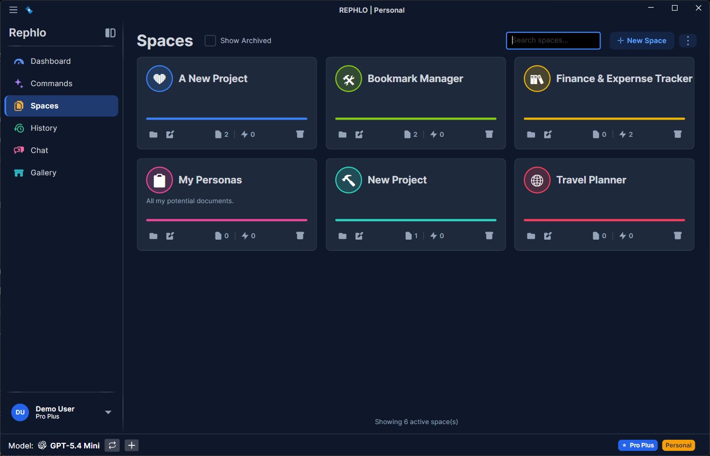 Das Spaces-Panel — Space-Karten mit Emoji/Farbe, einer Aktiv-Markierung, Dateianzahl, Token-Nutzung im Vergleich zum Budget und dem letzten Aktualisierungsdatum