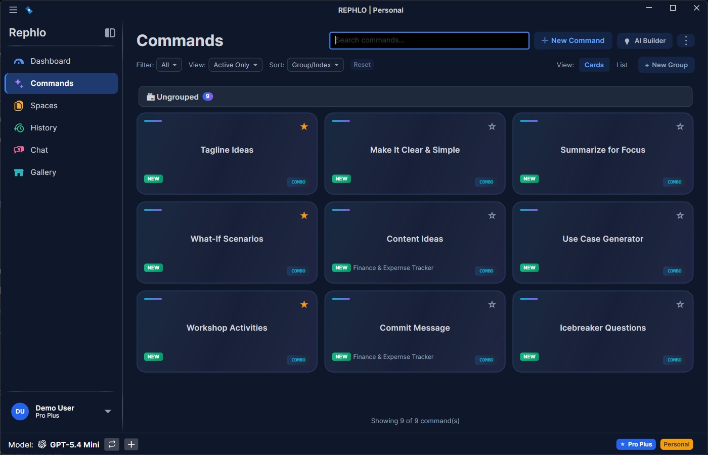 La ventana principal — sidebar izquierdo (Dashboard, Commands, Spaces, History, Chat, Gallery, Settings) junto a la sección seleccionada