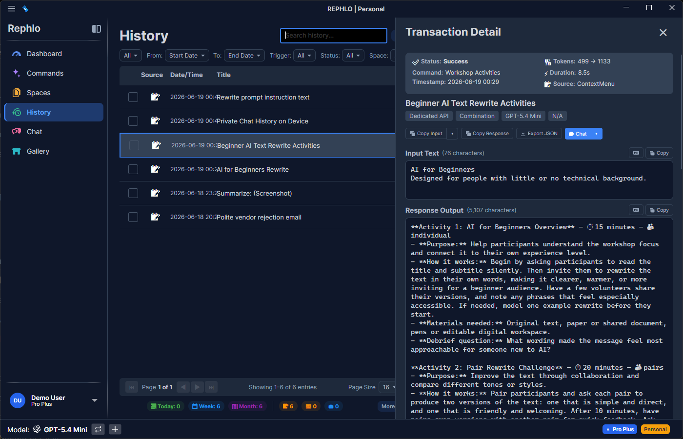 Un detalle de historial — encabezado de metadatos, el Input y Output completos, y Copy Input / Copy Output / Run Again