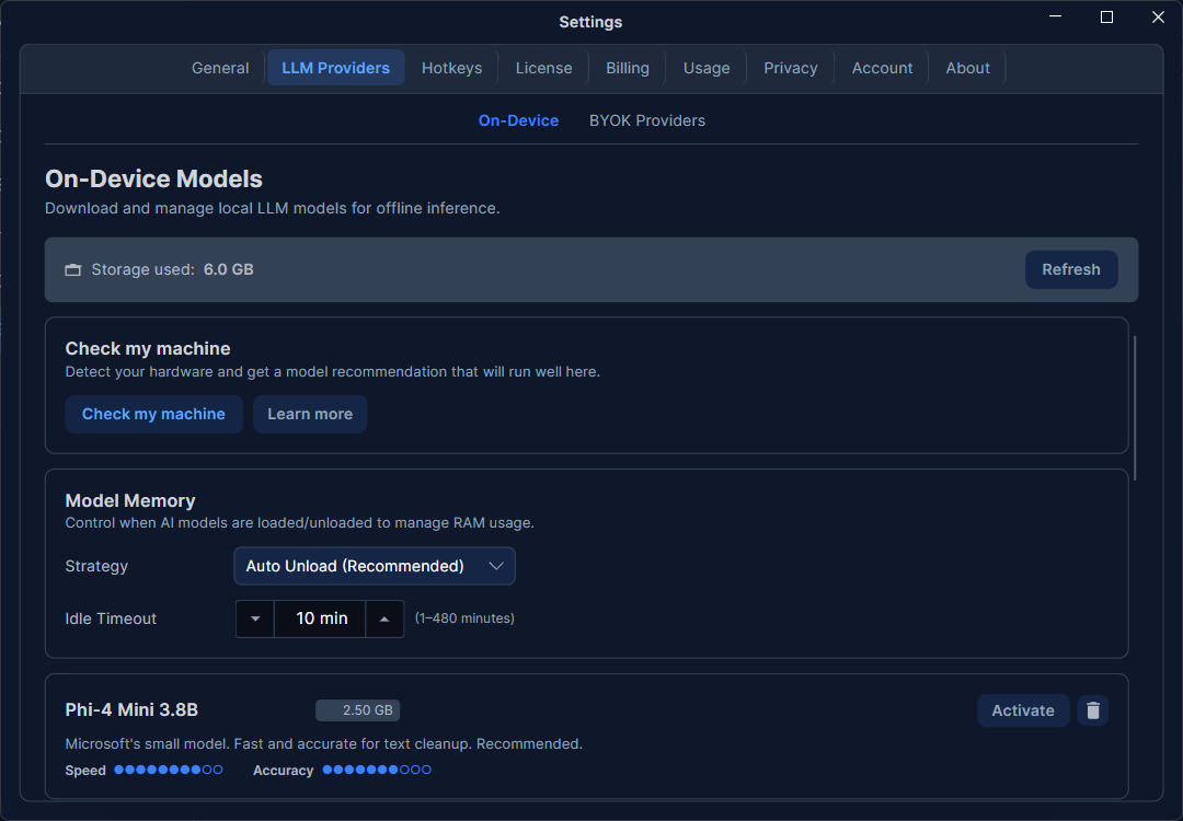 La pestaña LLM Providers en Settings, con las subpestañas On-Device y BYOK Providers