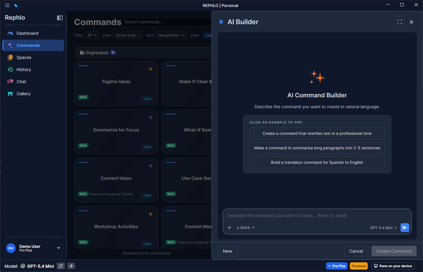 L'AI Command Builder — décrivez ce que vous voulez et Rephlo rédige une commande prête à l'emploi
