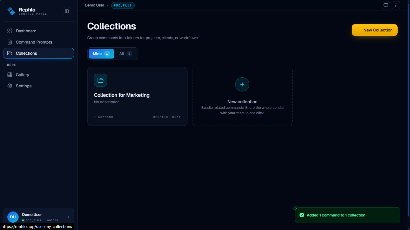 Collectionsの概要画面 — Mine / Team / Allのタブと、Collectionカードのグリッド