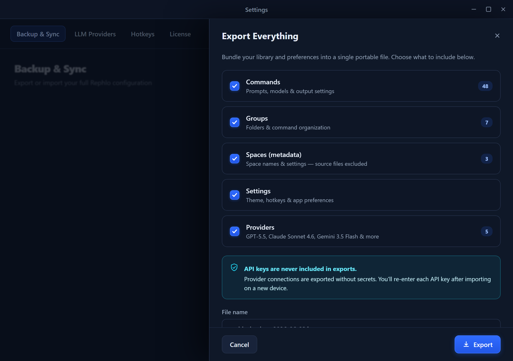 Export Everything 패널 — 포함할 항목을 선택(API 키 제외)하고 전체 백업을 저장합니다