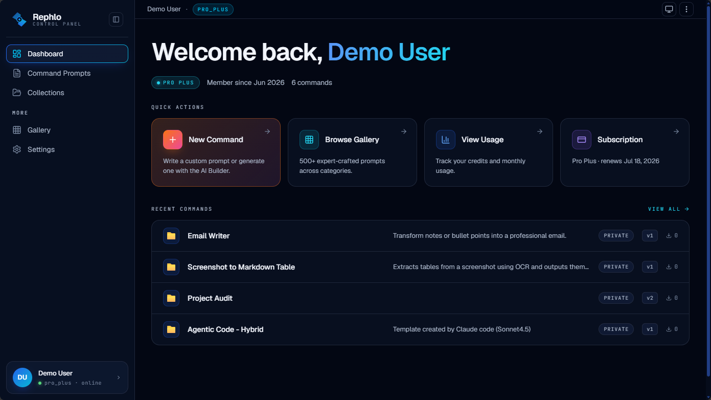 O início do Control Panel na web — o banner de boas-vindas, os cards de Ações Rápidas e a lista de Comandos Recentes