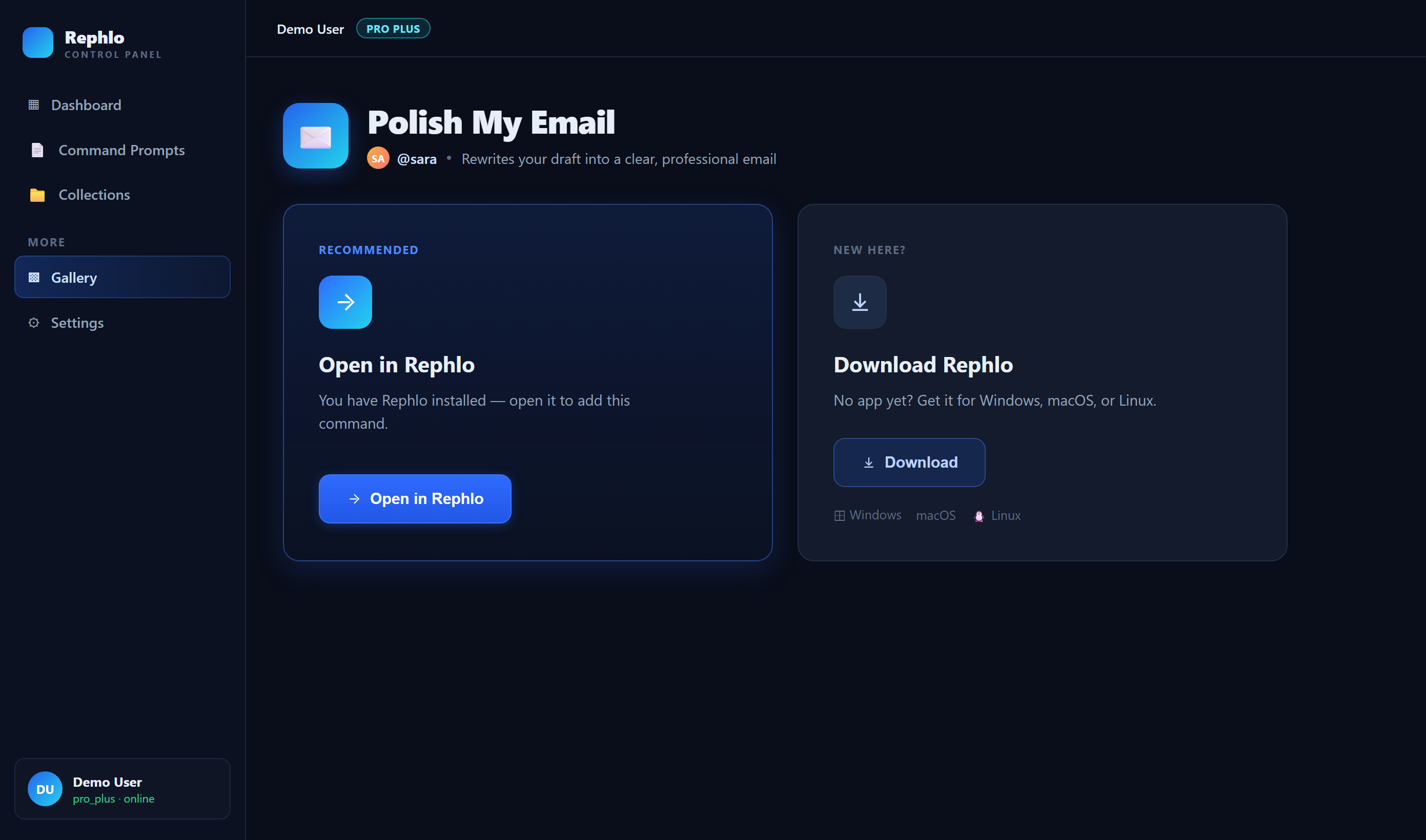 A página Install na web — cartões Open in Rephlo e Download Rephlo