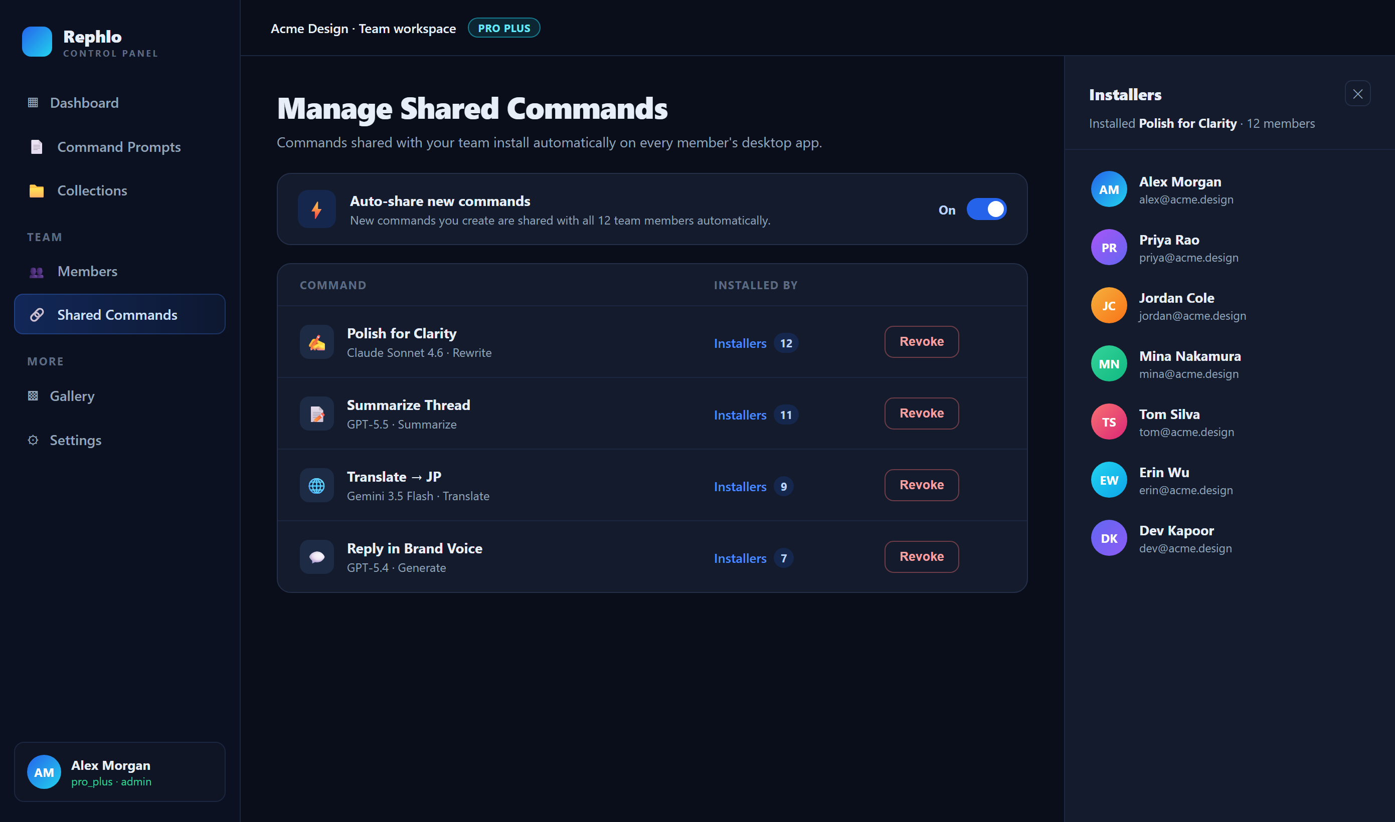 Manage Shared Commands — uma alternância de auto-share, comandos compartilhados com uma gaveta de Installers, e uma ação Revoke por linha