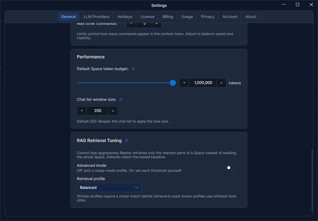 As configurações de RAG Retrieval — um seletor de perfil de rigor (Very Lenient … Strictest) e controles de ajuste