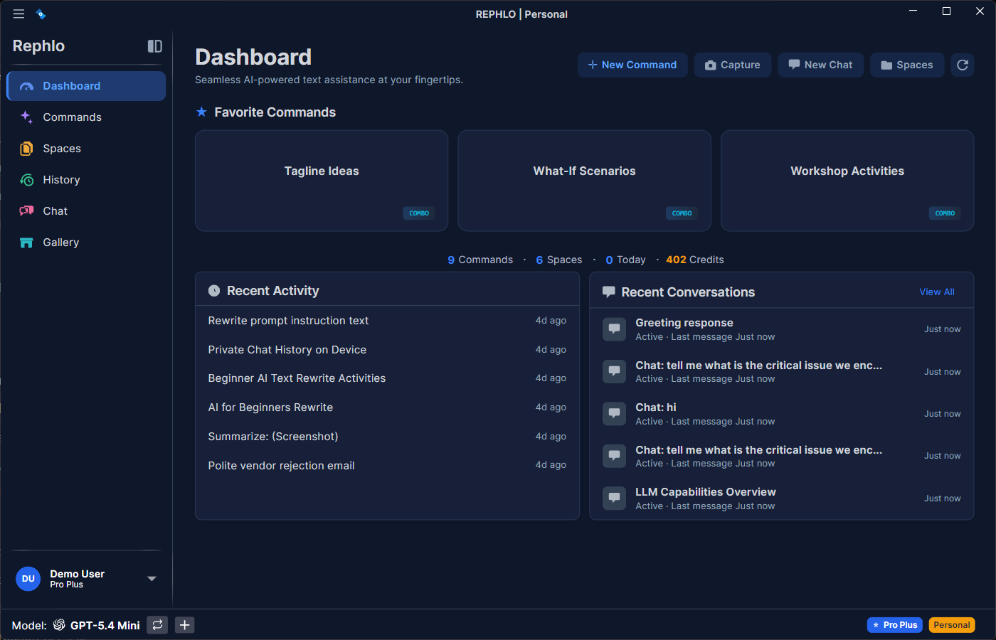 Dashboard của ứng dụng desktop Rephlo — Quick Actions, Favorite Commands, thanh stats, Recent Activity và Recent Conversations