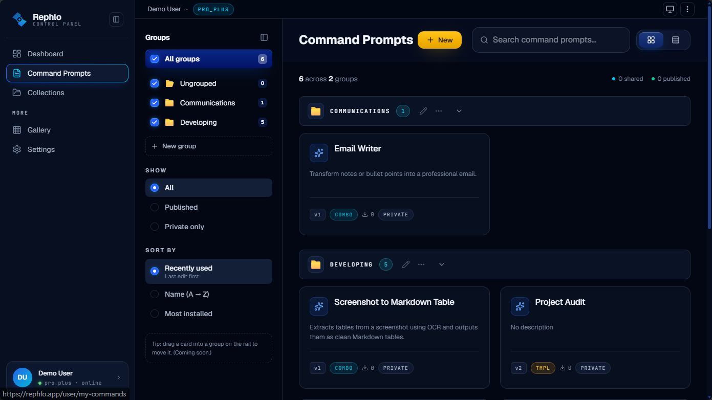 Trang My Commands — một dải nhóm bên trái, một lưới các thẻ lệnh, và thanh công cụ